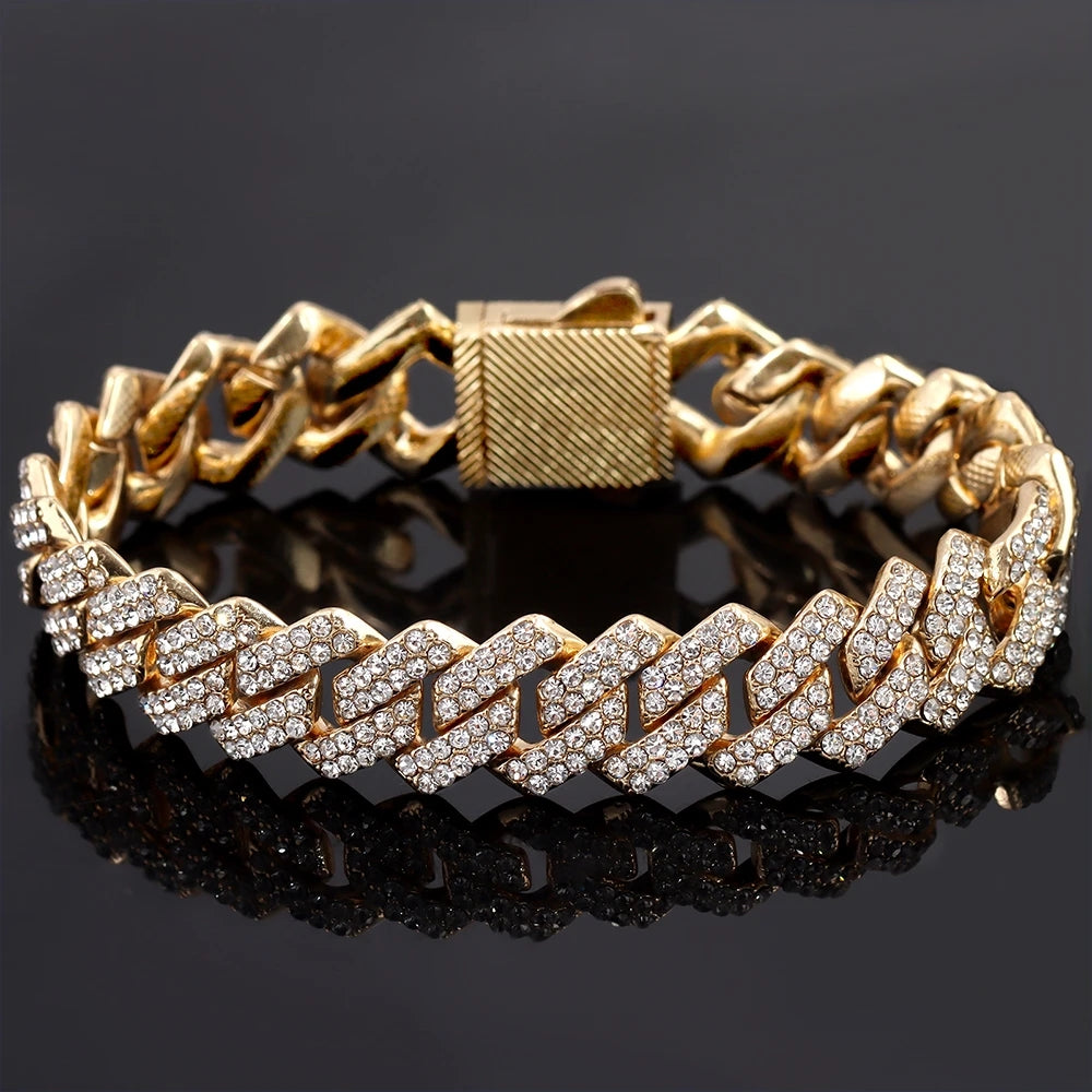 Златна кубинска гривна с кристали 21 см