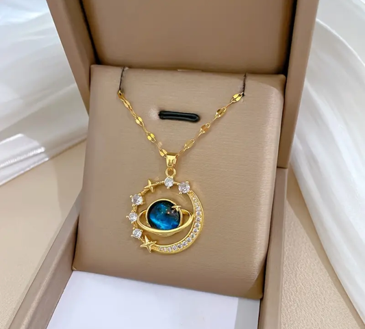 Златно дамско колие луна/синьо око против уроки