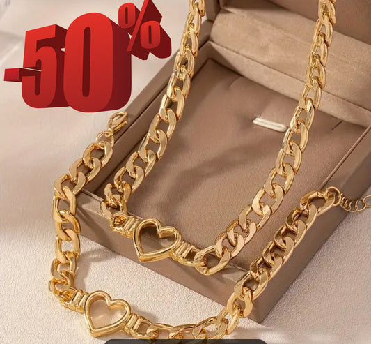 Златен дамски комплект ланец и гривна сърчица .