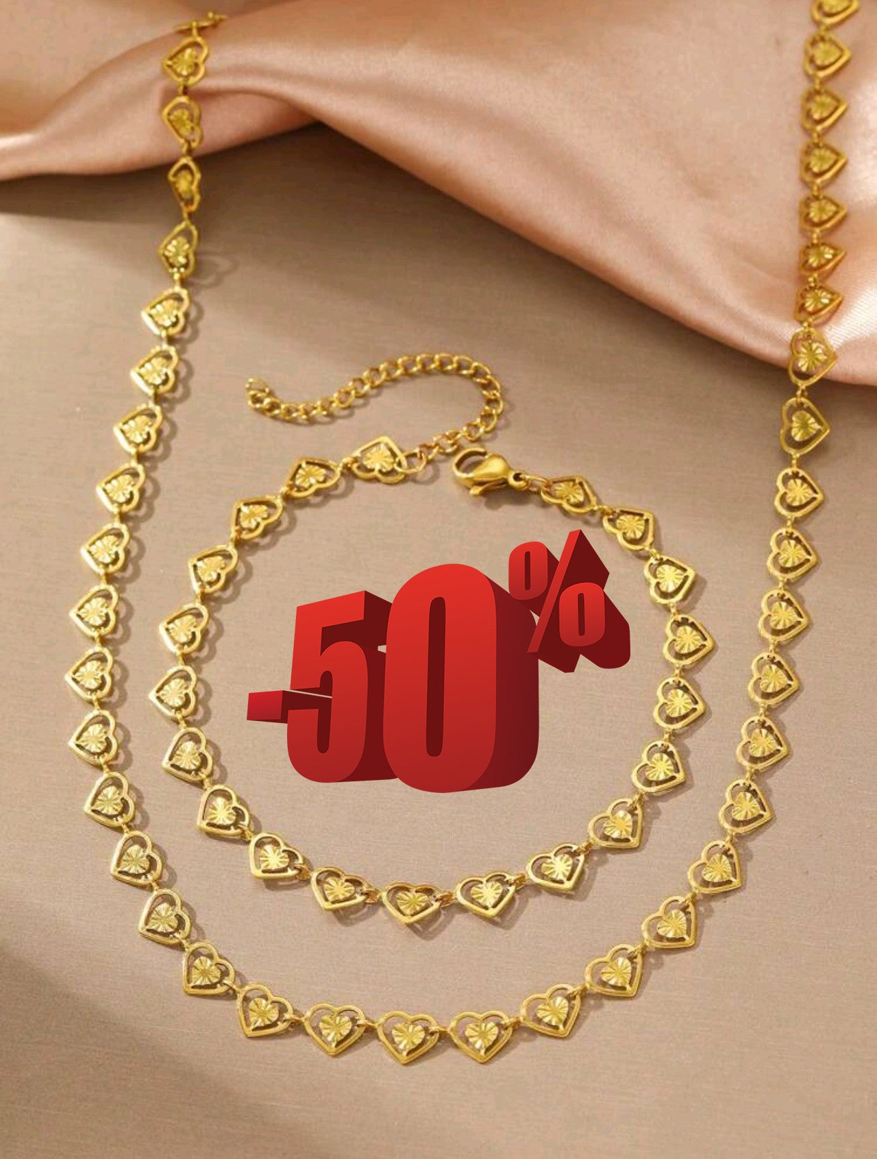 Златен дамски комплект ланче + гривна сърца