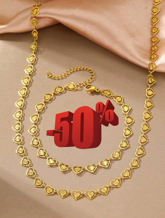 Златен дамски комплект ланче + гривна сърца