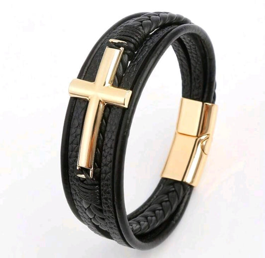 Унисекс гривна с кръстче изработена от медицинско злато и кожа. Обява номер 20