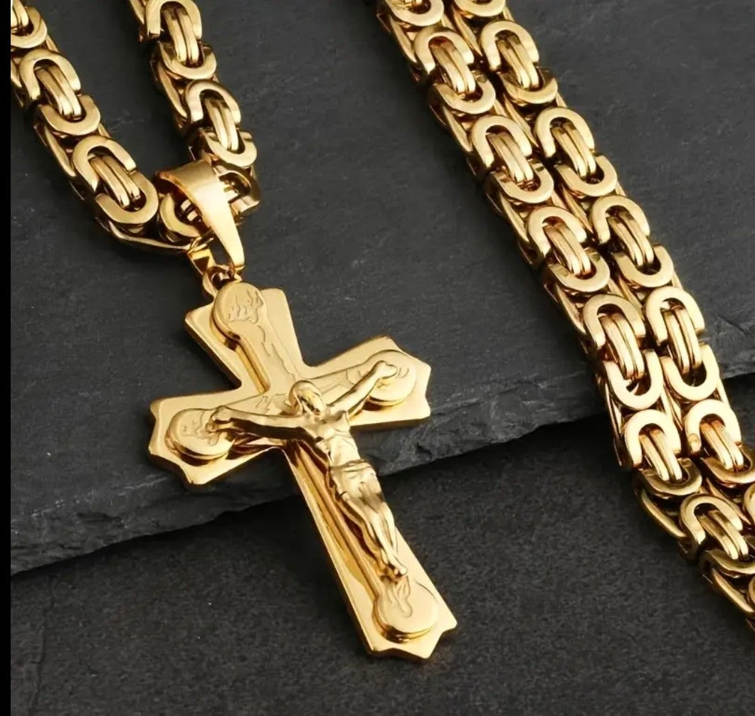 Масивен златен ланец змийска плетка с висулка кръст. Обява 210