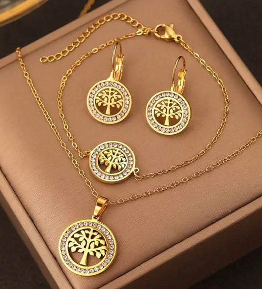 Златен дамски комплект дървото на жъвота. Колие гривна и обеци