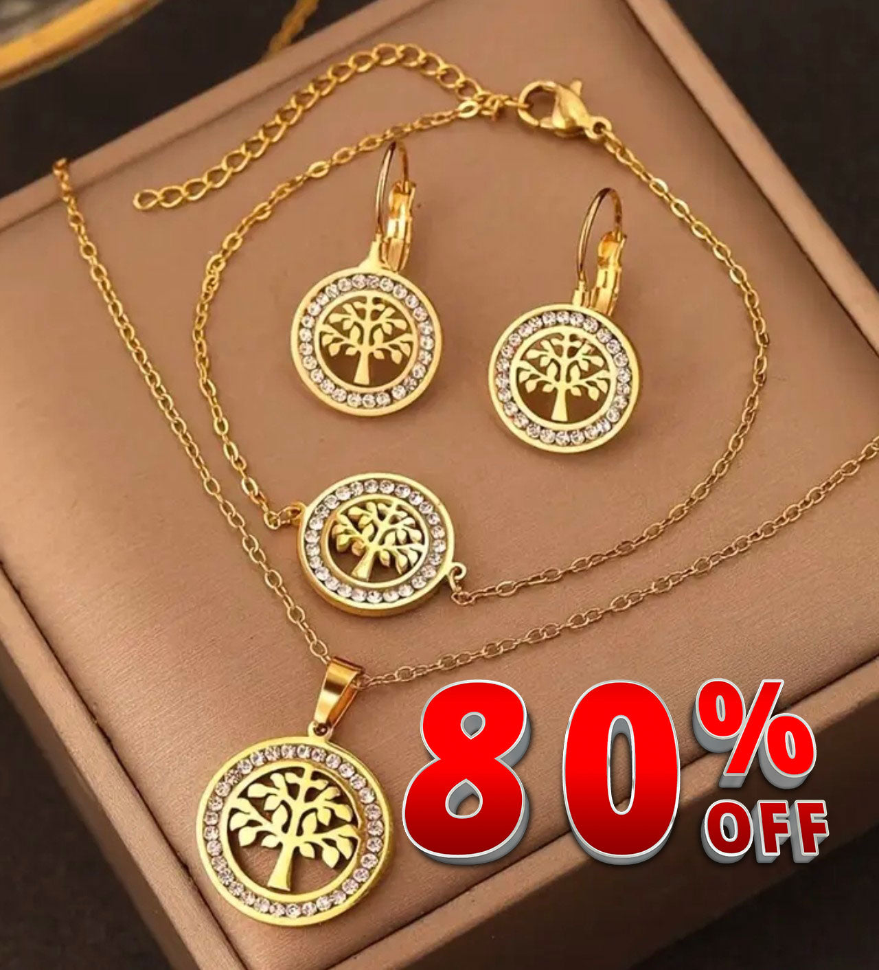 Златен дамски комплект дървото на живота. Колие обеци и гривна. Обява номер 18