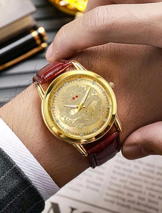 Мъжки официален кварцов часовник дракон с кожена каишка. Обява номер 30