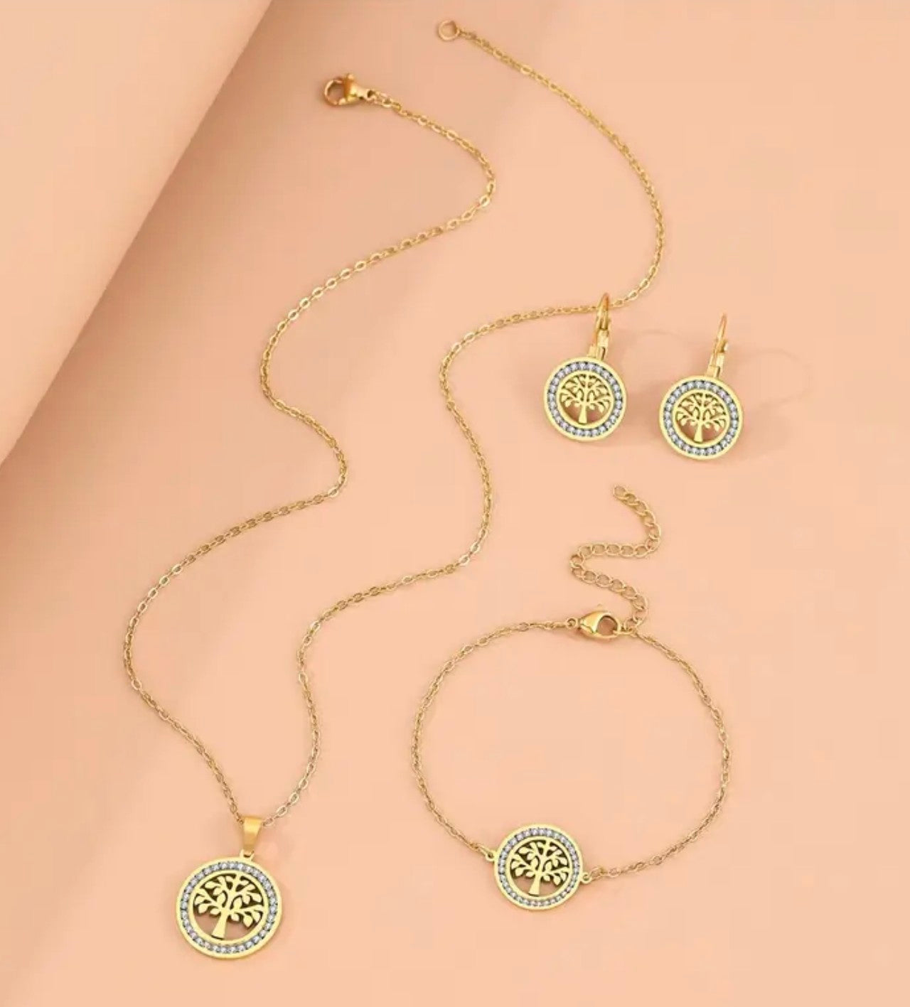 Златен дамски комплект дървото на живота. Колие обеци и гривна. Обява номер 18
