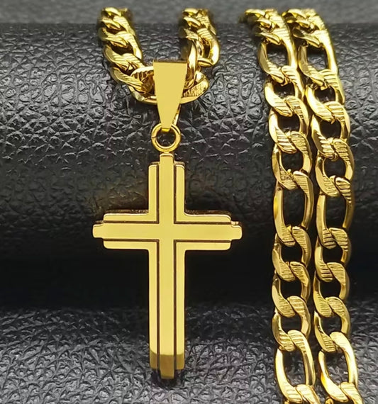 Изчистен златен ланец с висулка кръст. 60 см обява номер 80